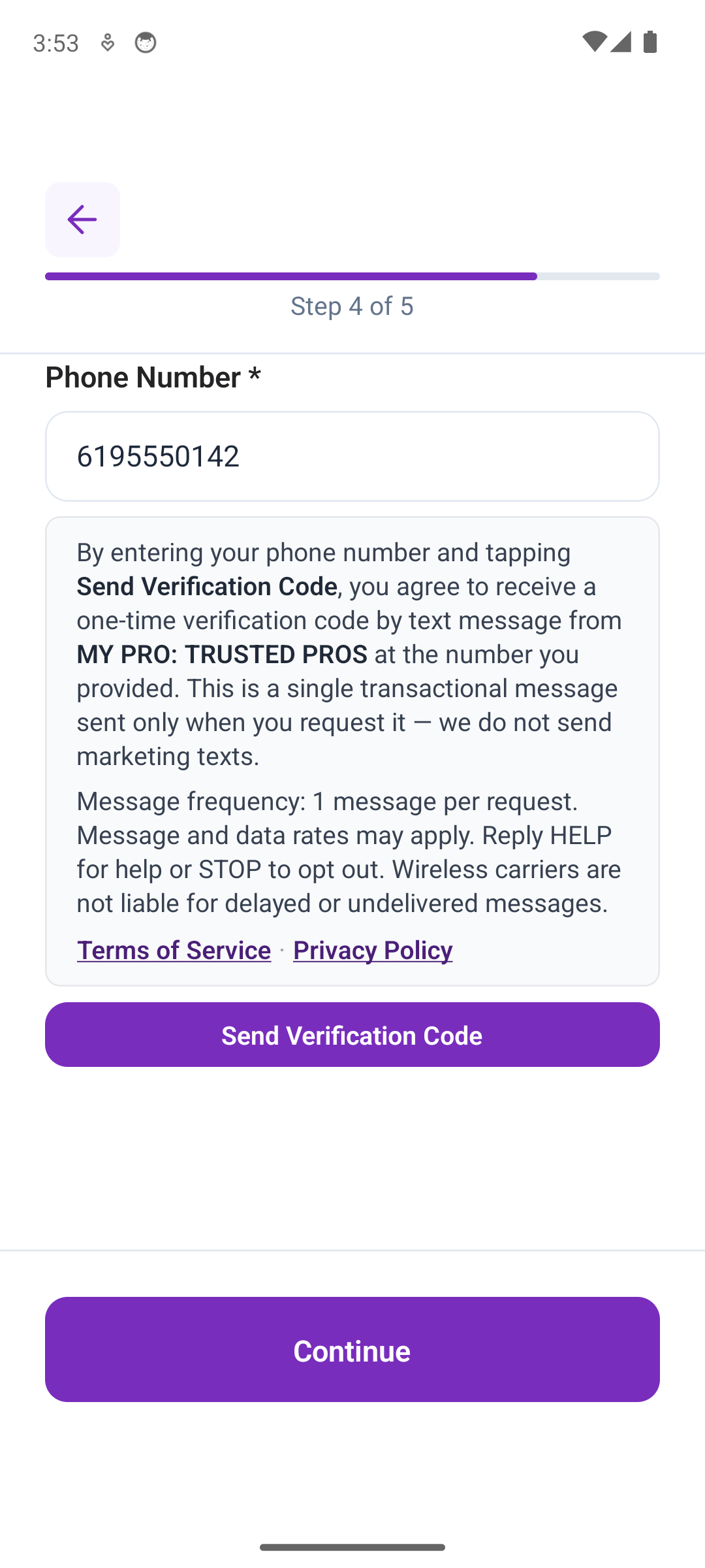 The Location and Contact step of MY PRO: TRUSTED PROS profile setup, showing the phone number field, the SMS consent disclosure, and the Send Verification Code button